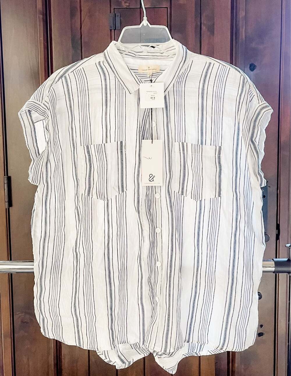 NWT Thread & Supply Harry Shirt L White Navy Stripe Tie Back Button Up